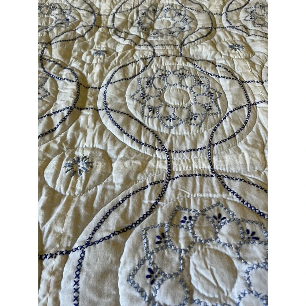 Handmade Lancaster Co PA Blue White Cross Stitch Bedspread wAttached Dust Ruffle
